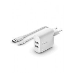 Belkin Duální USB-A nástěnná nabíječka 2x12W, lightning kabel, bílá