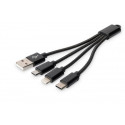 DIGITUS Nabíjecí kabel USB 3 v 1 - USB A - Lightning + micro B + typ C M M M M 0,15 m, bavlna, CE, zlatá, bl
