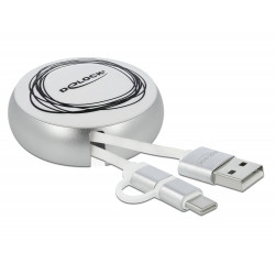 Delock Zatažitelný kabel USB 2.0 2 v 1, Typu-A na Micro-B a USB-C™, bílý stríbrný