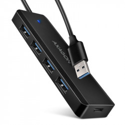 Axagon HUE-C1A cestovní čtyřportový USB-A 5Gbps hub USB-C konektor pro externí napájení kabel 19 cm