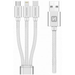 Swissten datový kabel 3in1 MFi, 1,2 m, textilní, (micro USB, USB-C, Lightnings) stříbrný