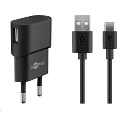 PremiumCord Napájecí a nabíjecí adaptér 230V na USB 5V 1A + USB-C kabel 1m, černý