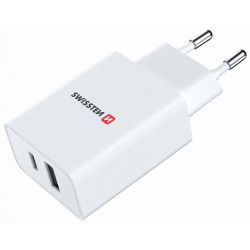 Swissten Síťový Adaptér GaN 1x USB-C + 1x USB 30W PD Bilý