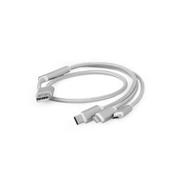 GEMBIRD Kabel USB A Male Micro B + Type-C + Lightning, 1m, opletený, stříbrný, blister