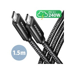 AXAGON BUCM2-CM15AB, CHARGE kabel USB-C - USB-C, 1.5m, Hi-Speed USB, PD 240W 5A, ALU, oplet, černý