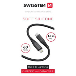 SWISSTEN DATOVÝ KABEL SOFT SILICONE USB-C LIGHTNING 1,5 M 60W ČERNÝ