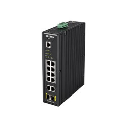 D-Link DIS 200G-12PS - Přepínač - řízený - 10 x 10 100 1000 (8 PoE+) + 2 x SFP - lze montovat na konzolu DIN, pro připevnění na zeď - PoE+ (240 W) - AC 120 230 V DC 46 - 54 V