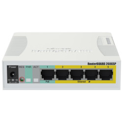 Mikrotik RouterBOARD RB260GSP nastavitelný 5-portový gigabit smart switch SFP cage SwOS zdroj, PoE out