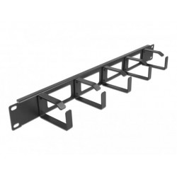 Delock 19” vyvazovací panel pro správu kabelů, 4 otvory a 5 háčky, 1U, černý