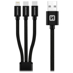 SWISSTEN DATOVÝ KABEL TEXTILE 3in1 1,2 M ČERNÝ (Lightning, 2x USB-C)
