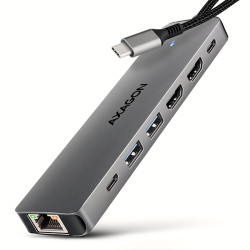 AXAGON HMC-7HX2, USB 5Gbps hub, 2x USB-A, USB-C, 2x HDMI 4k 60Hz, RJ-45 GLAN, PD 100W, kabel 15cm