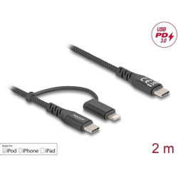 Delock Kabel USB 2 v 1, z rozhraní USB Type-C™ na USB Type-C™ Lightning™, pro iPhone™ a iPad™, 2 m, MFi, 60 W