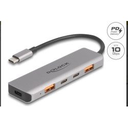 Delock Hub USB 10 Gbps se 2 porty USB Typ-A + 2 porty USB Type-C™ s konektorem USB Type-C™ a s PD 95 W