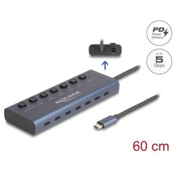 Delock USB 5 Gbps Hub se 7 porty USB Type-C™ se spínačem, z nichž 6 x datové porty a 1 x datový port s napájecím výkonem