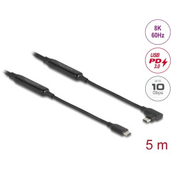 Delock Aktivní kabel USB 10 Gbps, ze zástrčkového rozhraní USB Type-C™ na zástrčkové, pravoúhlý, levý pravý, 5 m, 8K, 