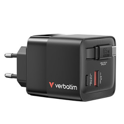 Verbatim, GaN cestovní nabíječka do sítě USB 3.0, USB C, šedá, 65 W, vyměnitelné vidlice C,G,A s integrovaným kabelem