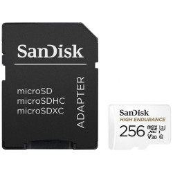 SanDisk High Endurance microSDXC 256GB C10, U3, V30 Full HD 4K videos dash cams & home monitoring + SD Adaptér