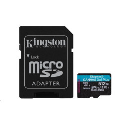 Kingston MicroSDXC karta 512GB Canvas Go! Plus, R:170 W:90MB s, Class 10, UHS-I, U3, V30, A2 + Adaptér