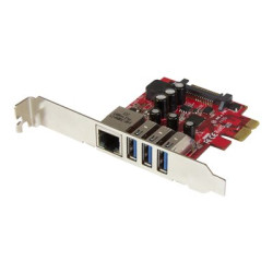 StarTech.com 3 Port PCI Express USB 3.0 Card + Gigabit Ethernet - Fits Standard & Low-Profile PCs - UASP Supported - Optional SATA Power (PEXUSB3S3GE) - Sítový USB adaptér - PCIe 2.0 nízký profil - USB 3.0 x 3 + 1000Base-T x 1