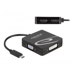 Delock - High Speed - video adaptér - jeden spoj - USB-C s piny (male) do DB-15, DVI-I, HDMI, DisplayPort se zdířkami (female) - 10 cm - černá - podpora (DP) 4K60Hz (3840 x 2160), podpora 1080P 60 Hz (VGA), 1200p podporuje 60 Hz (DVI)