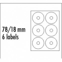 Logo etikety na CD 78 18mm, A4, matné, bílé, 6 etiket, 140g m2, baleno po 10 ks, pro inkoustové a laserové tiskárny