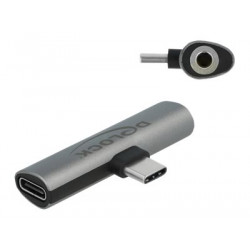 Delock - USB-C na jack sluchátek napájecí adaptér - USB-C s piny (male) do mini jack, USB-C se zdířkami (female) - šedá - USB Power Delivery (60W)