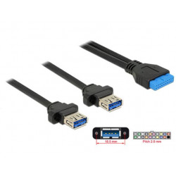 Delock Kabel USB 3.0 pin konektor samice 2,00 mm 19 pin  2 x USB 3.0 Typ-A samice panel pro montáž 80 cm