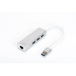 DIGITUS USB 3.0 HUB, 3 porty a Gigabit LAN adaptér 3xUSB A F, 1xUSB A M, 1xRJ45 LAN, Win Mac OS