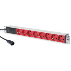 DIGITUS 1U Hliníkové PDU, do stojanu, 8x červený CEE 7 7 10A zástrčka, 250VAC 50 60 Hz, Přípoj C14