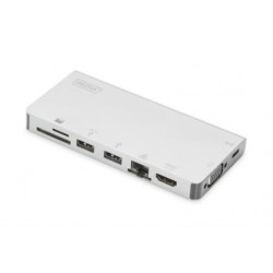 Digitus Cestovní dokovací stanice USB-C Multiport, 8 portů 2x video, 2x USB-C, 2x USB3.0, čtečka karet RJ45,2x