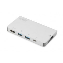 Digitus Cestovní dokovací stanice USB-C Multiport, 6 portů 4K, HDMI, 1x USB-C, 2x čtečka karet USB3.0,2x