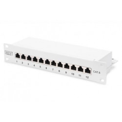 DIGITUS CAT 6, patch panel třídy E, stíněný, 12 portů RJ45 8P8C, LSA, 1U, 254 mm (10 "), montáž do stojanu, šedá