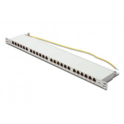 DIGITUS CAT 6 Patch Panel, stíněný, 24 portů RJ45 w. závěrka, 8P8C, LSA, 0,5U, 19 "montáž do racku, šedá