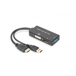 Digitus HDMI Kabelový převodník , HDMI - DP+DVI+VGA M-F F F, 0,2 m, Multi-Media 3v1, CE, bl, zlato