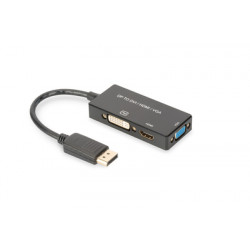 Digitus DisplayPort Kabelový převodník, DP - HDMI+DVI+VGA M-F F F, 0,2 m, multimediální kabel 3v1, CE, zlato, bl