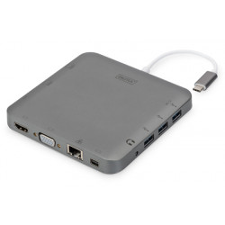 DIGITUS Univerzální dokovací stanice , USB-C, 11 portů, šedá 3x video, 1x USB-C, 3x USB3.0, RJ45, 2x čtečka karet