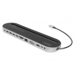 Digitus 12portová dokovací stanice USB-C, šedá, HDMI, VGA, 2x USB-C, 4x USB-A, RJ45, 1x 3,5 mm, SD MicroSD